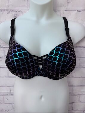 Torrid Curve Bra XO Boost Plunge Size 42DD Mermaid Scales Sexy Underwire